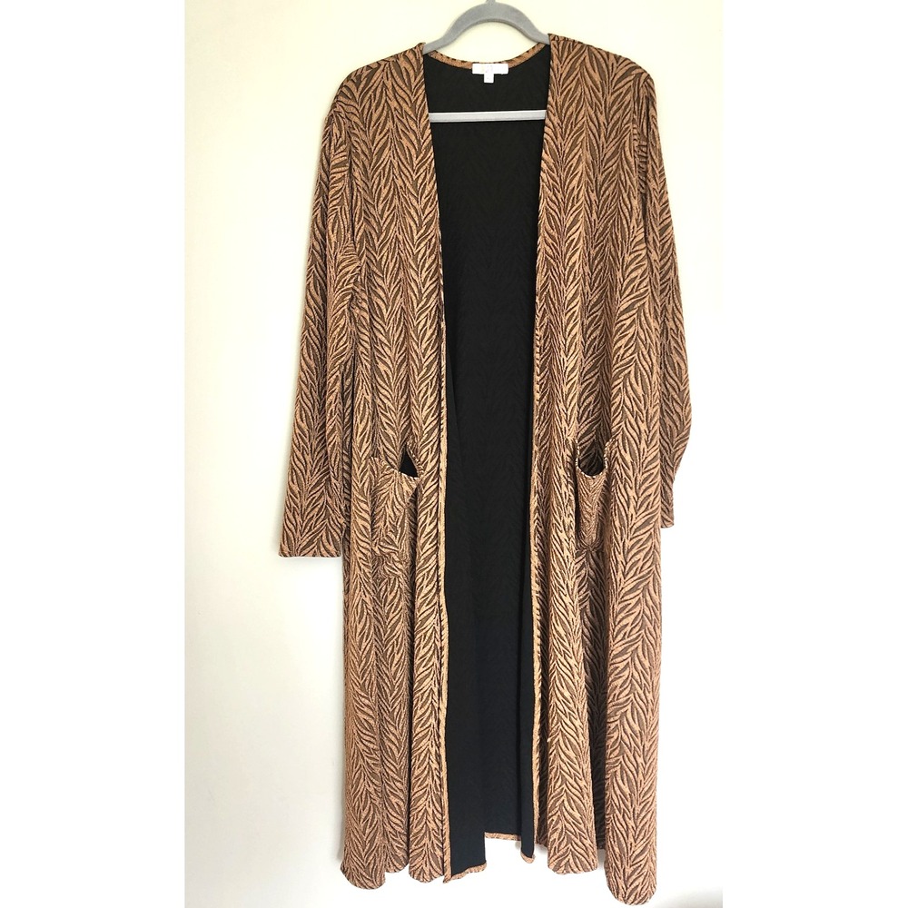Lularoe Women's Brown Geometric Sarah Long Open Cardigan Duster Pockets XL